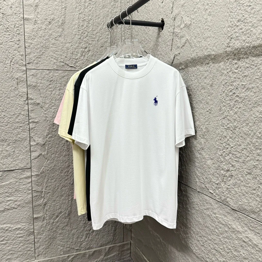 🅿️180 Polo* Ralph Lauren 2025 spring and summer new style Classic pony embroidery Customized double yarn plain cotton fabric Short-sleeved T-shirt Uniform for men and women Color: black white light pink light blue Size: S (90-130 pounds) M (120-150 pounds) L (140-165 pounds) XL (160-180 pounds) XXL (180-210 pounds)